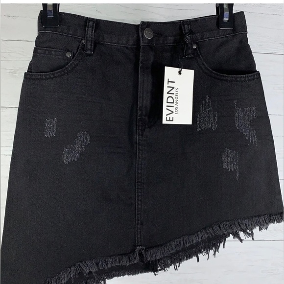 EVIDNT | Black Denim Asymmetrical Skirt 25 Distressed Raw Hem - Picture 4 of 9
